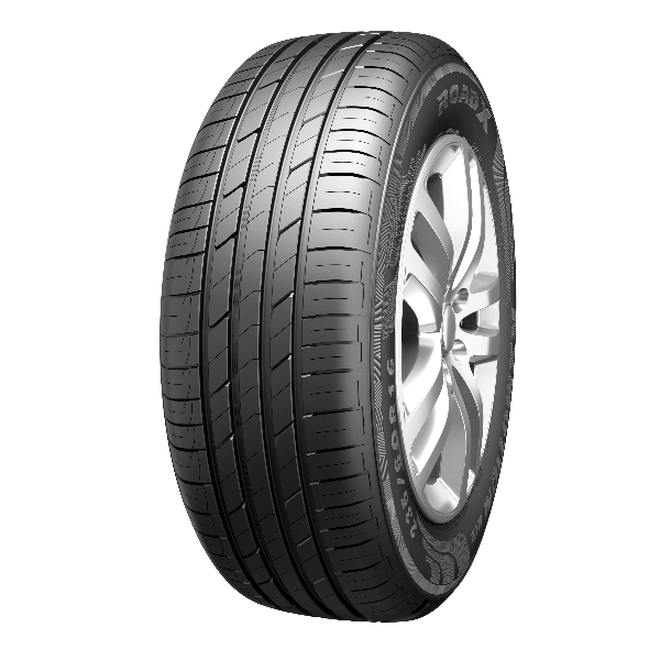 A single black tire with tread pattern, designed for a regular car, displayed against a white background.
